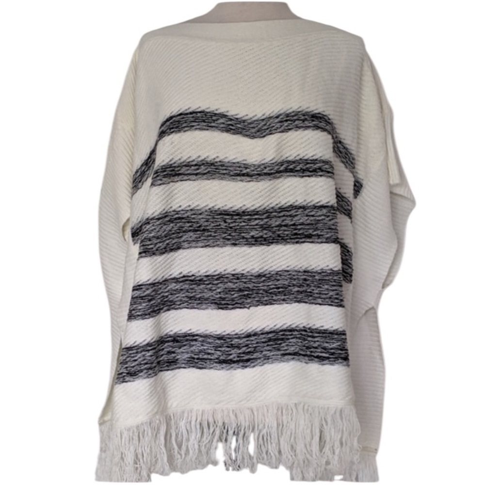 Dynamite Black and White Striped Fringe hem‎ Poncho Sweater